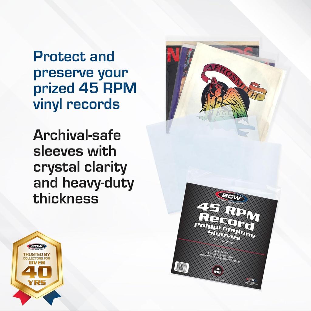 BCW 4 Mil Record Sleeves (7 Inch) | Clear Polypropylene Vinyl Album Protectors for 45 RPM | Archival Quality, Acid-Free Design | Premium Outer