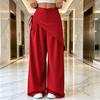 Women Long Pants, Oversized Wide Leg Trousers with Apron Decor, Pure Color Elastic Waist Casual Pants for Daily Commuting Wear