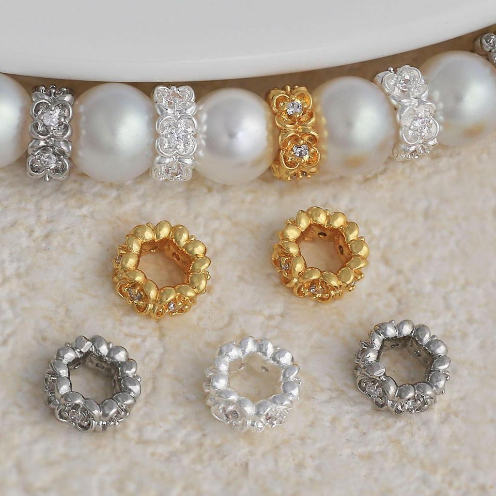 18K Gold-Plated Zircon Flower Spacer Beads with Rhinestones for DIY Jewelry