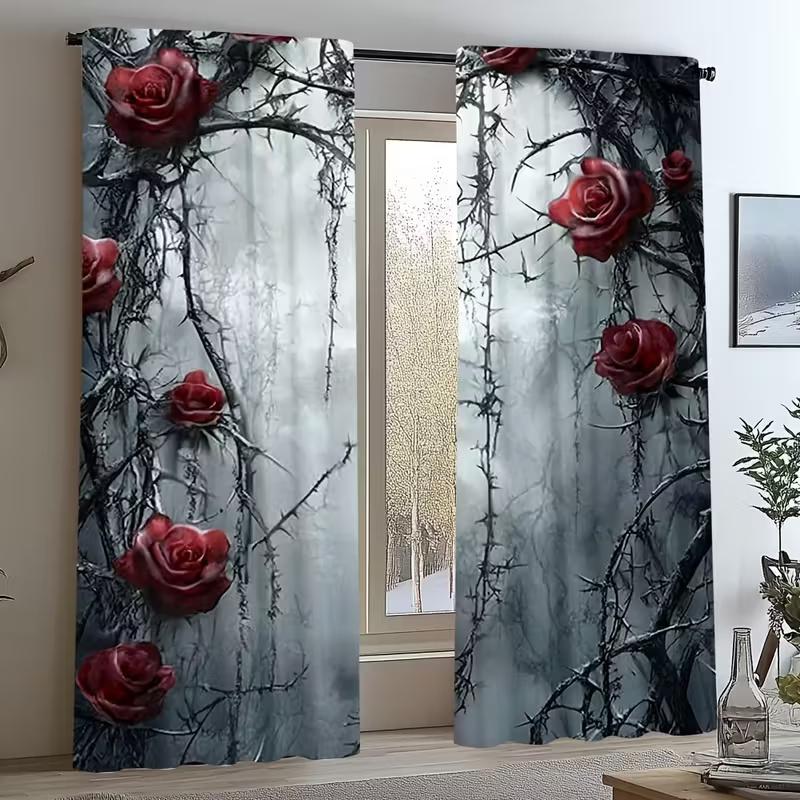 2 Pcs Thorny Rose Print Curtains,suitable for Bedroom,living Room Kitchen Decoration,home Decoration,window Decoration
