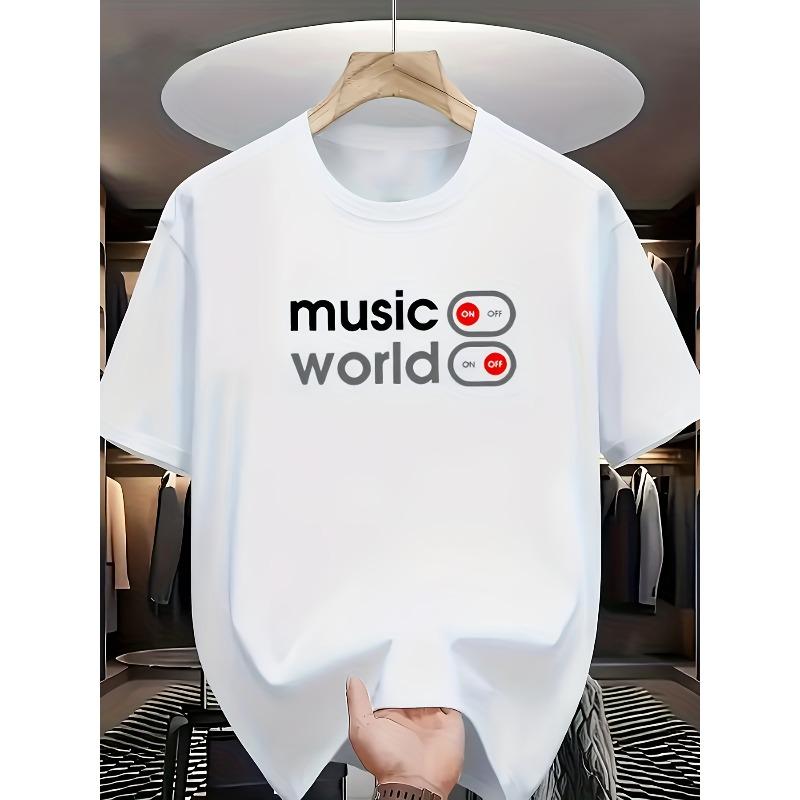 European sizes Men s Round-neck T-shirt Featuring the music World Text on the Front, Paired with a Switch Graphic Element Marked ON/OFF. S белый