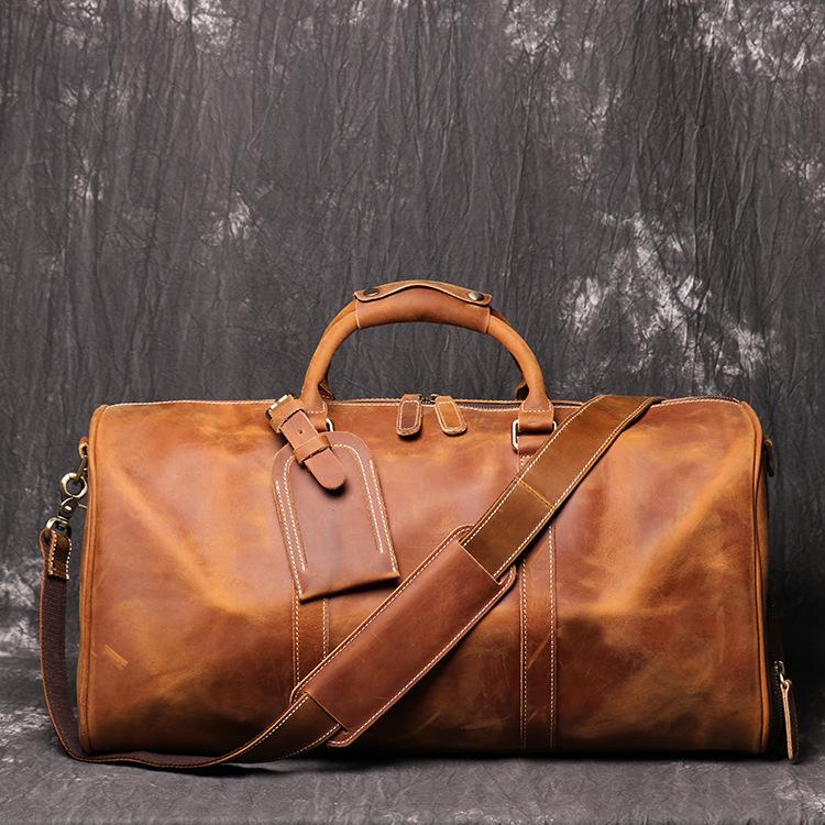 The First Layer Of Cowhide Men'S Hand-Held Travel Bag, Crazy Horse Leather Women'S Shoulder Oblique Span Bag, Large-Capacity Duffel Bag.