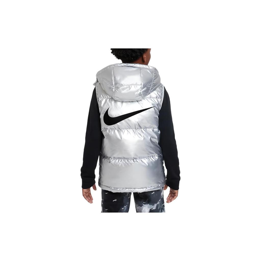 Nike Solid Color Logo Print Hooded Velcro Zipper Down Vest Kids Vests Silver DZ9728-048