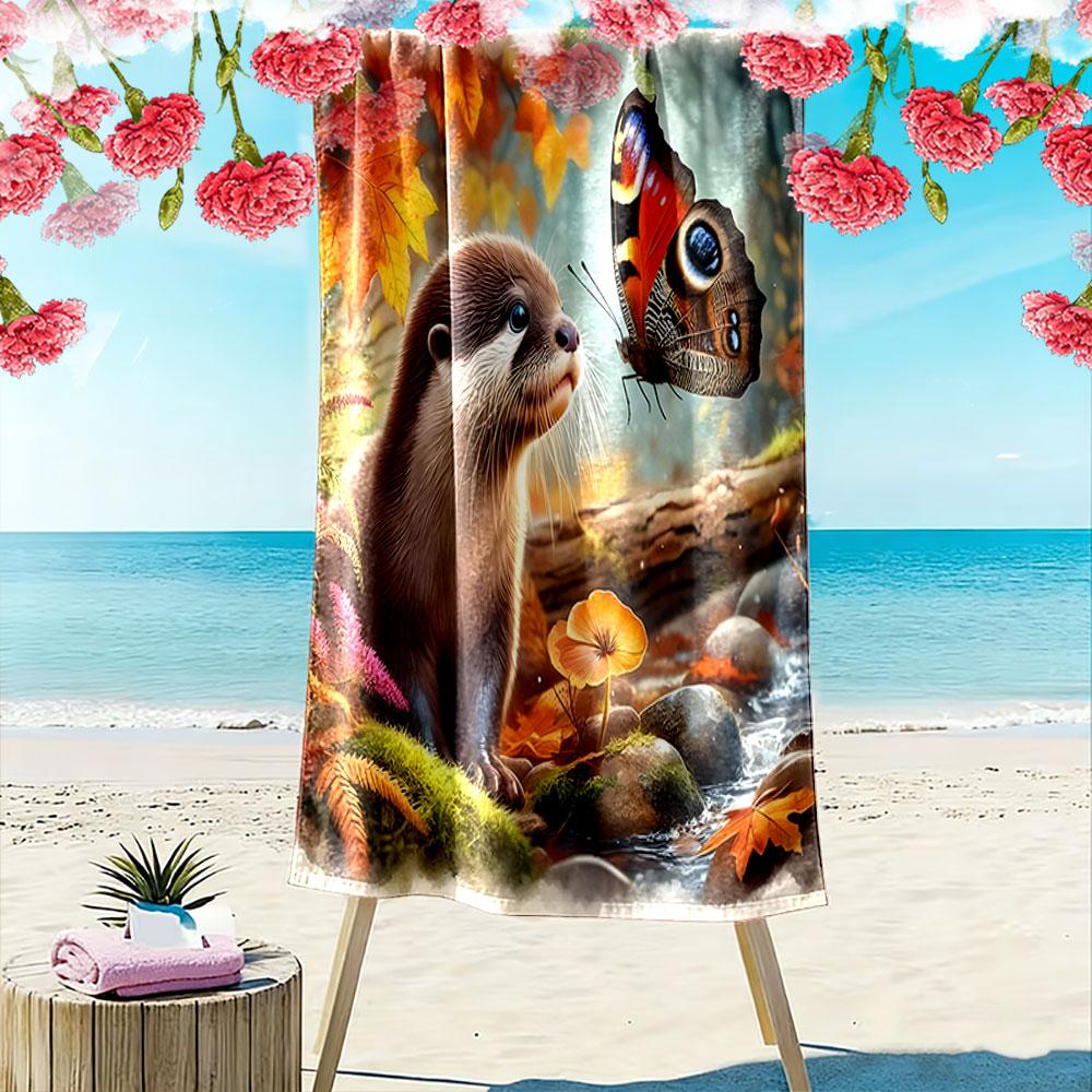 Whimsical otter meets butterfly Print beach towel, quick drying, suitable for travel, outdoor sports, jogging, the beach and swimming, gift