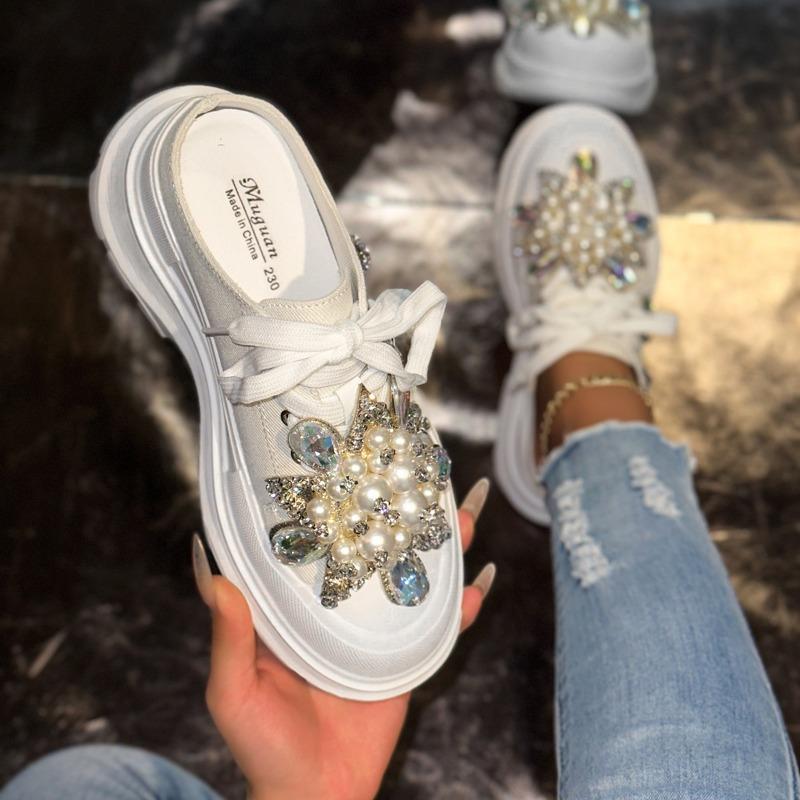 

Летние новые спортивные туфли модные женские повседневные туфли на шнуровке на среднем каблуке дышащие туфли со стразами белого цвета полушлепанцы 40