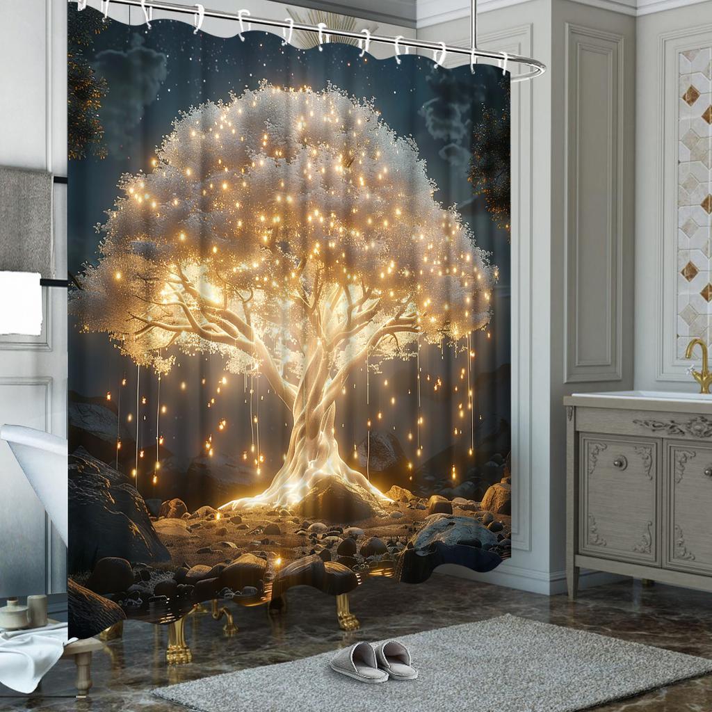 Glowing Tree Shower Curtain - Fantasy Design with Golden Lights, Ethereal Tree & Starry Night Sky, Easy to Install