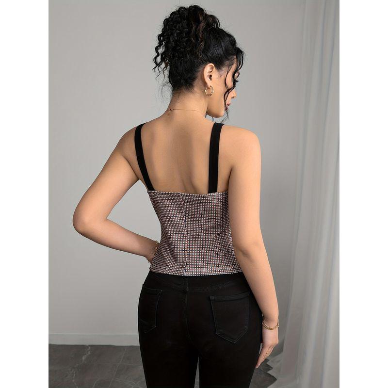 Fashion Style Retro Plaid Camisole Fashion Elegance Button French Style Silm Tops Camisole Top