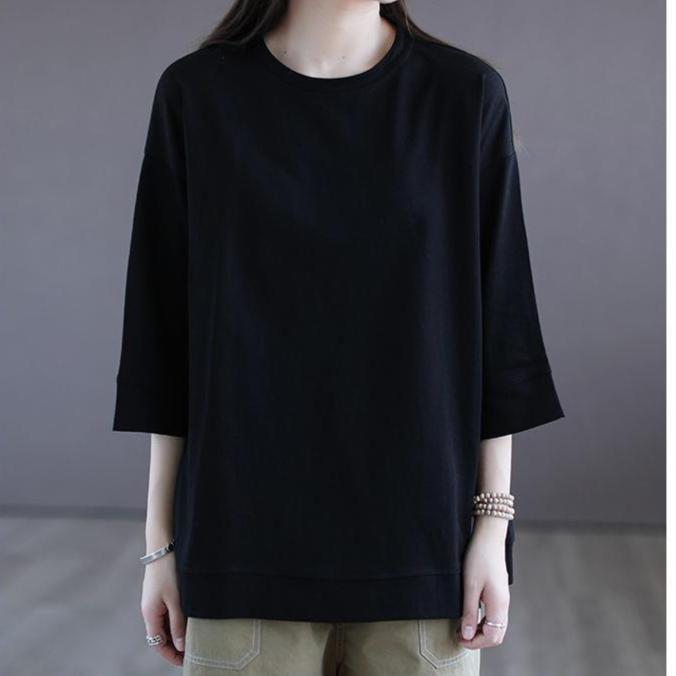 Cotton Seven Quarter Sleeved T-shirt for Women's Short Sleeved Summer 2025 New Loose Base Shirt with Solid Color Inside To Make You Look Slimmer