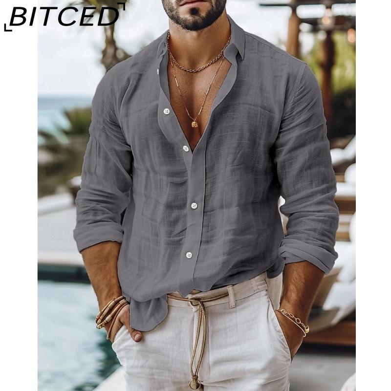 BITCED Herren Uni-Farbe Baumwoll-Leinen-Mischung Hemd Lässiger Stil Langarm Business Casual Hemd