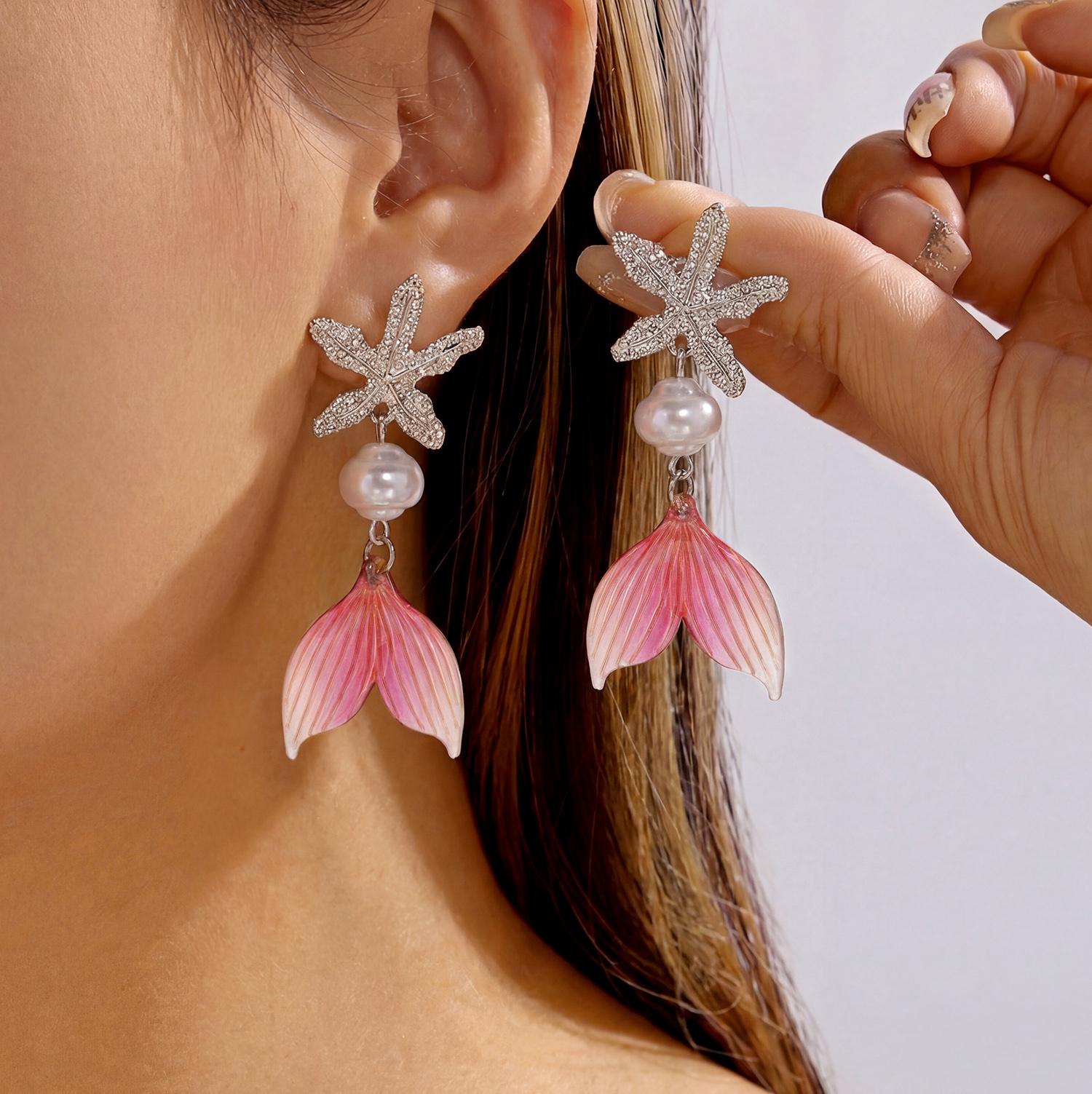 

Boho Ocean Theme Cute Ceramic Fish Drop Earrings For Women Textured Starfish Red Coral Stacked Earring Beach Vacation Jewelry