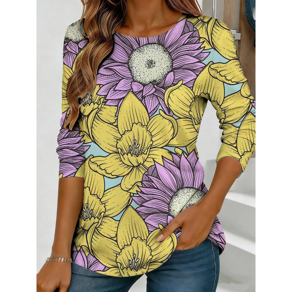 Flower Printing Versatile Comfortable Long Sleeve Fashion Loose Pullovers Long Sleeves Women’s
