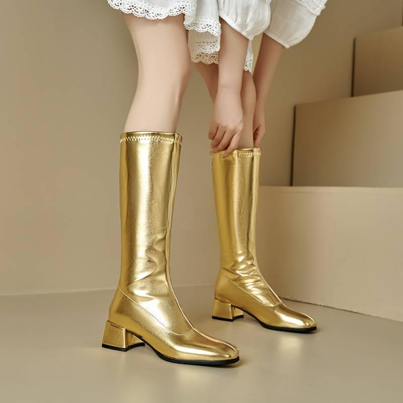 Autumn and Winter Medium Heel Large Size Women's Boots Comfortable Round Head Square Heel Back Zipper Fashion Shoes New Patent Leather High Boots Wome