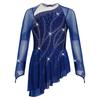 Girls Sparkly Rhinestones Dance Dress Mesh Long Sleeves Cutout Back Asymmetric Hem Figure Skating Dress