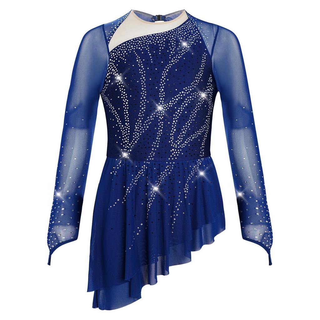 Girls Sparkly Rhinestones Dance Dress Mesh Long Sleeves Cutout Back Asymmetric Hem Figure Skating Dress