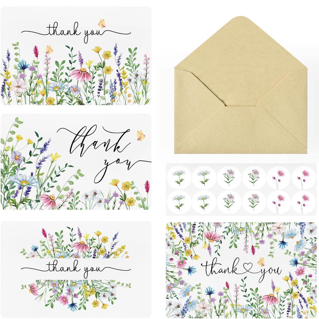 Lavendel Gänseblümchen Frühling Floral Dankeskarten mit Umschlägen & Aufklebern, Abgerundete Ecke Faltbares Blanko Notizkarten Set für Geschenke