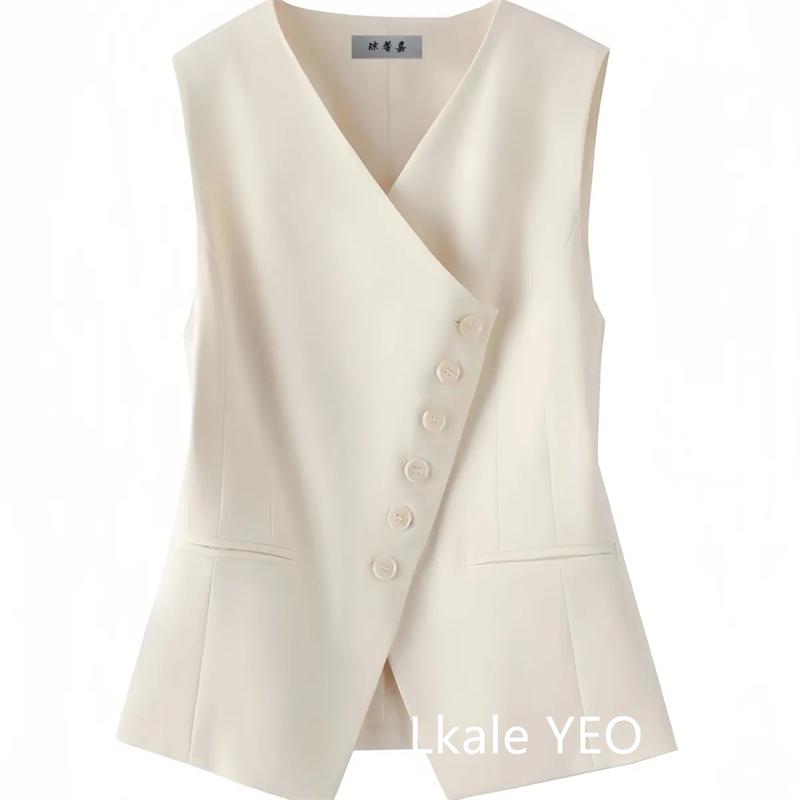 Spring Summer V-neck Sleeveless Ladies Blazer Vest Coat Single Breasted Short Women's Suit Waistcoat Jacket