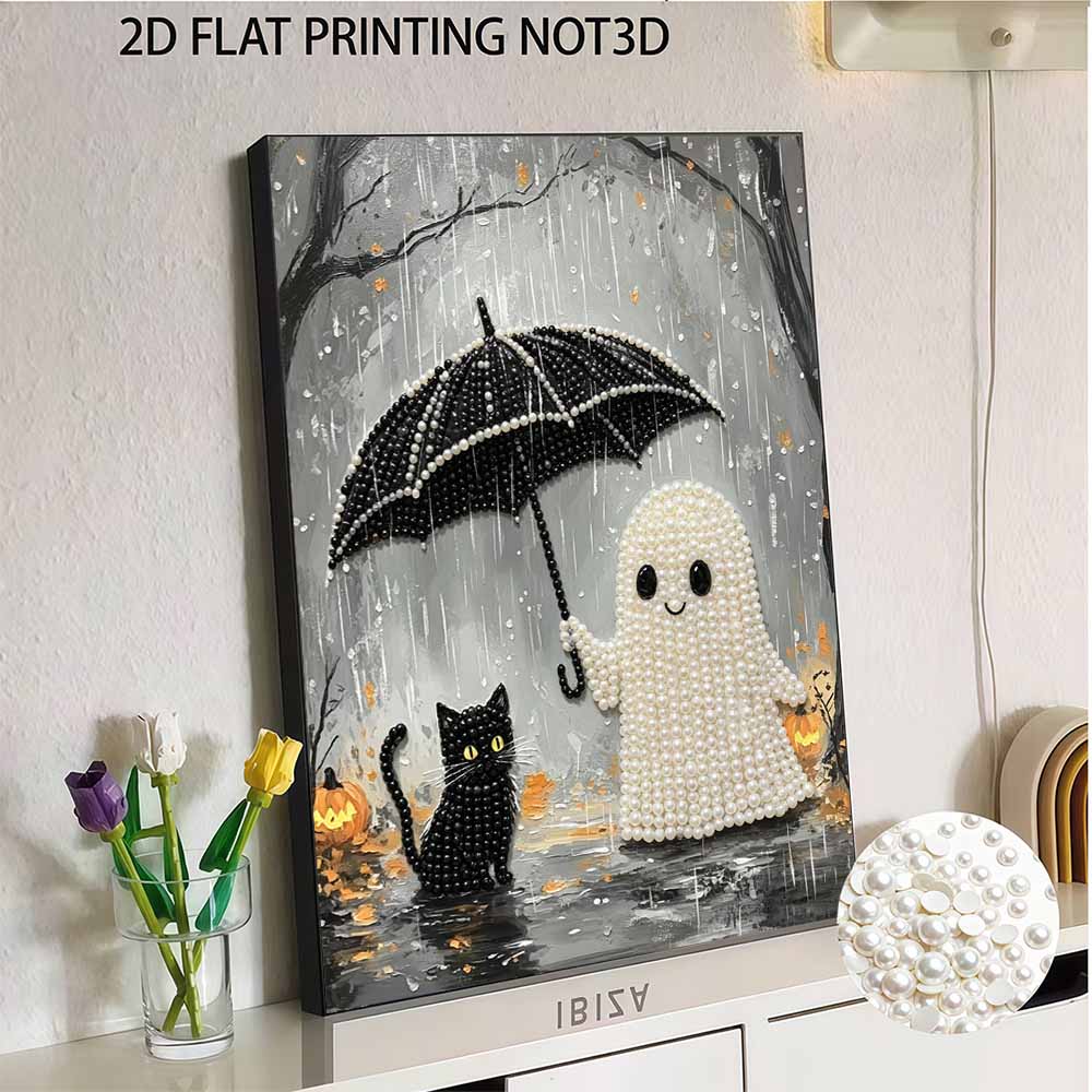 DIY Frameless Pearl Painting Kit Cute Ghost And Black Cat Umbrella Pattern 3D Shiny Bead Art Canvas Relaxing Creative Craft Gift