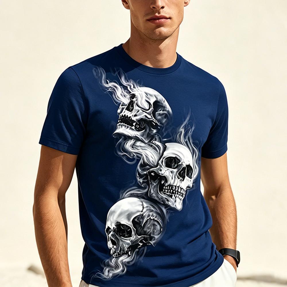Men's 3D Skull Smoke Print T-shirt Navy Blue Casual Crew Neck Short Sleeve Top Streetwear Gothic Hip Hop Summer Fashion Tops