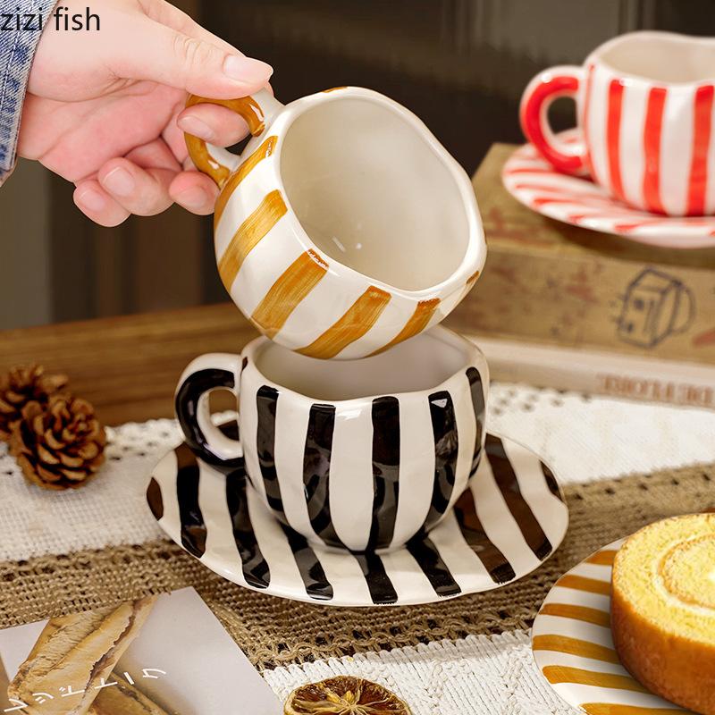 Hand Drawn Striped Ceramic Mug Coffee Cup and Saucer Afternoon Tea Cups Breakfast Cup Water Cups Milk Mug Drinkware Juice Mugs