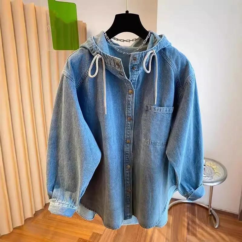 Women Spring Autumn Solid Retro Matakawa Denim Shirts&blouses Hooded Blusas Mujer Korean Casual Camisas