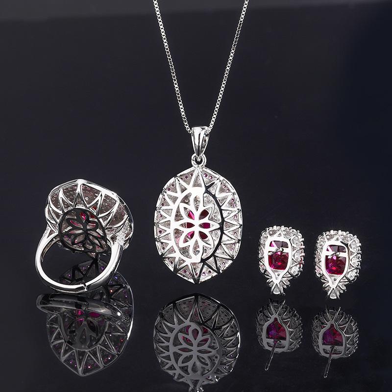 Jewelry Retro Ring Simulation Red Diamond Jade Two-Color Stone Diamond Pendant Ring Stud Earrings Set 8 * 10