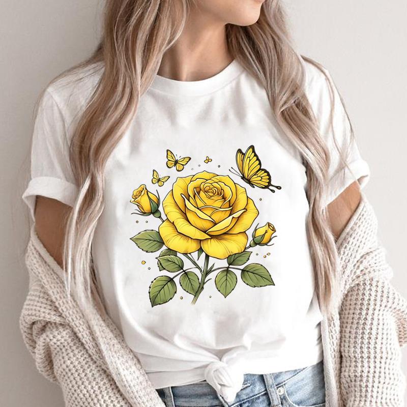 (Asian Size) feather style lovely Print Short Sleeve T-shirts Fashion Female Casual Women's Top T Clothing O-neck Graphic Tee