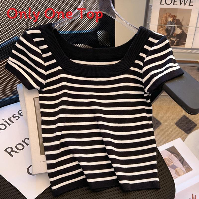 Black And White Striped Ice Silk Short Sleeve Tshirt For Women Summer Elegant Office Wear