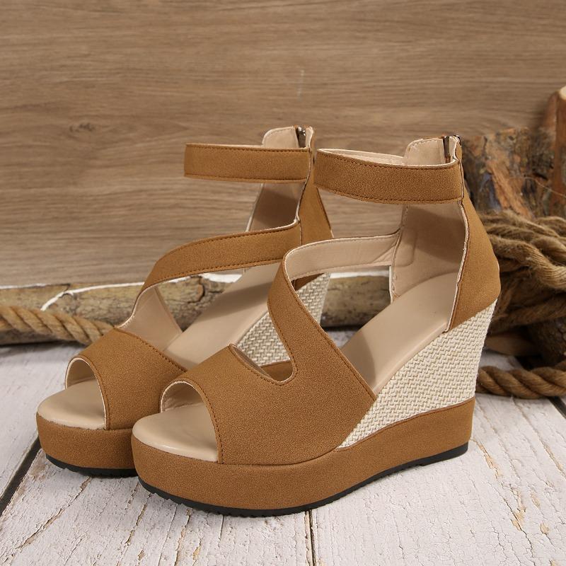 New large size women's shoes, fish mouth women's sandals, wedge heel sandals, zipper high heel sandals after outer wear