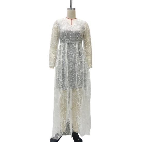 Women Evening Dress Deep V Neck Lace Floral Embroideried Maxi Dress A-line Big Swing Long Lantern Sleeves High Waist Pleated Ball Gown Prom