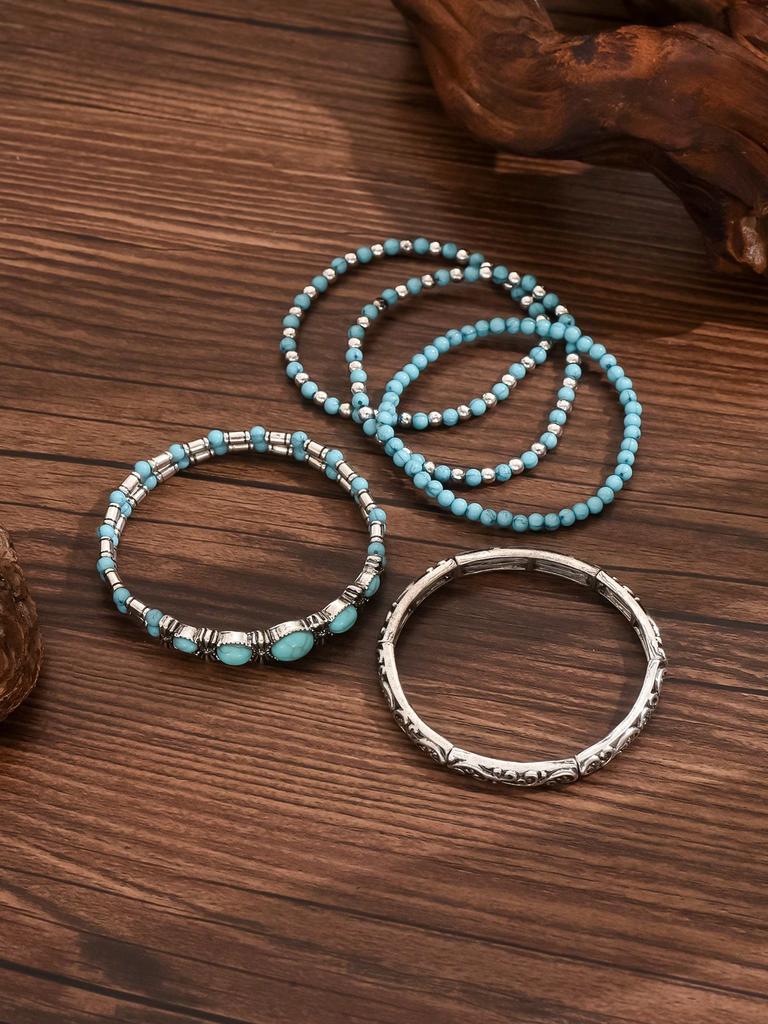 5pcs/Set Western Cowboy Style Faux Turquoise Series Fashion Stretch Beaded Bracelet Set, Suitable For Women Or Men For Daily Wear