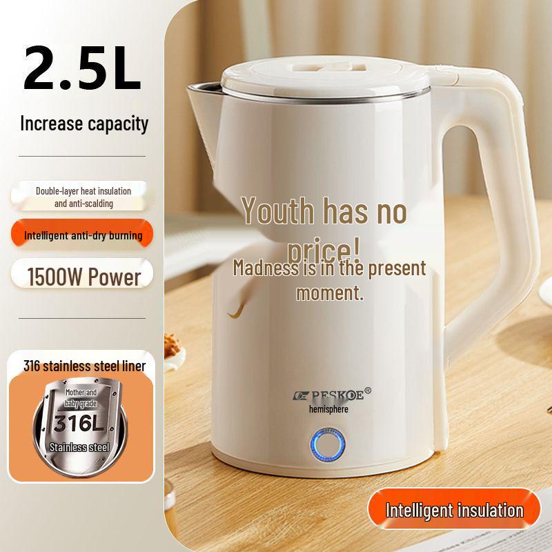 Stainless Steel Electric Kettle with Double Layer and Automatic Shut-Off, Large Capacity