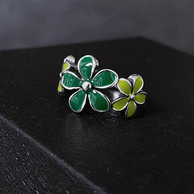 Cute Green Five Petals Flower Ring For Women Glue Dispensing Adjustable Open Ring Handmade Zircon Unisex Accessories Girl Gift
