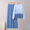 Fashion Suit Casual Contrast Color O-neck Long-sleeved Knitted Sweater High Waist Slim Wide Leg Pants Two-piece Pants for Women