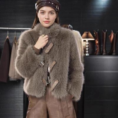 Women's Black Faux Fur Cropped Jacket with Metal Buckle Decor Winter Warm Coat