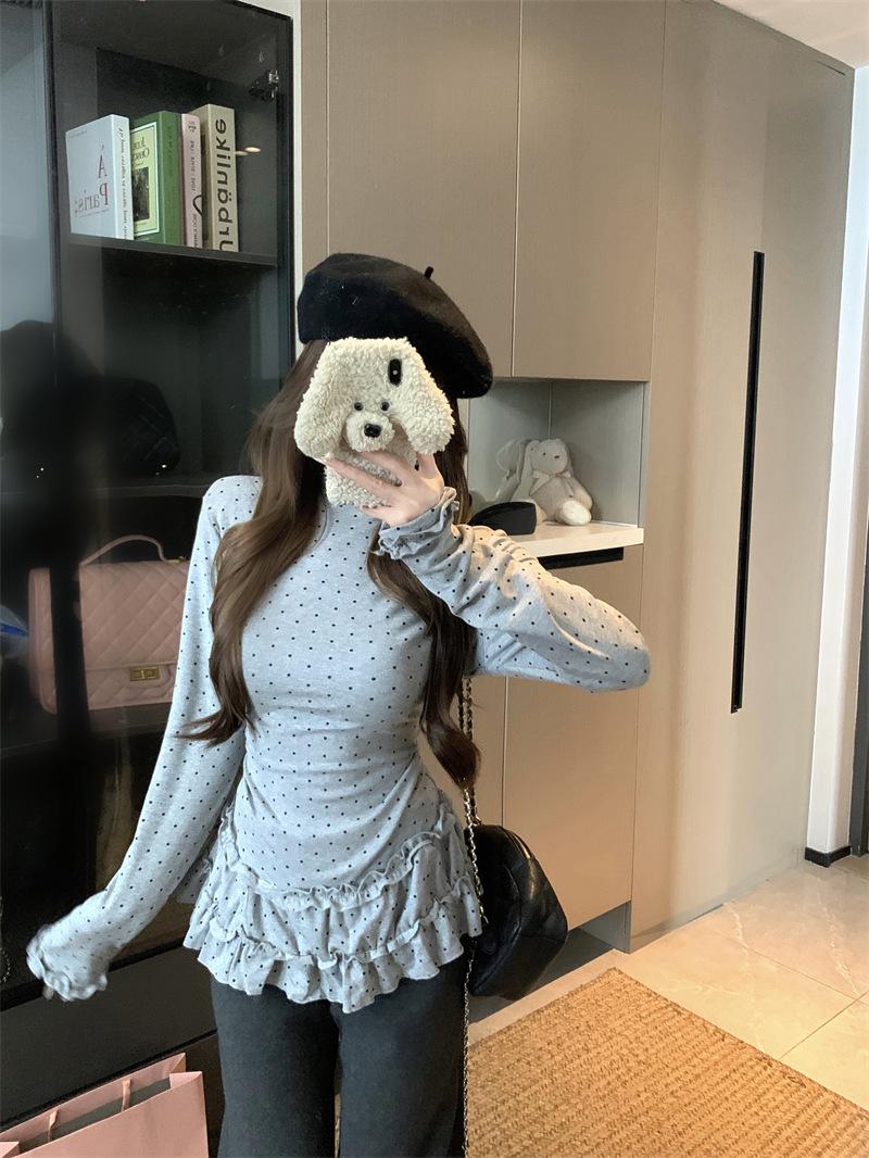 

Polka Dot Half-High Collar Long-Sleeve Fleece-Lined Top for Women (Autumn/Winter) One Size