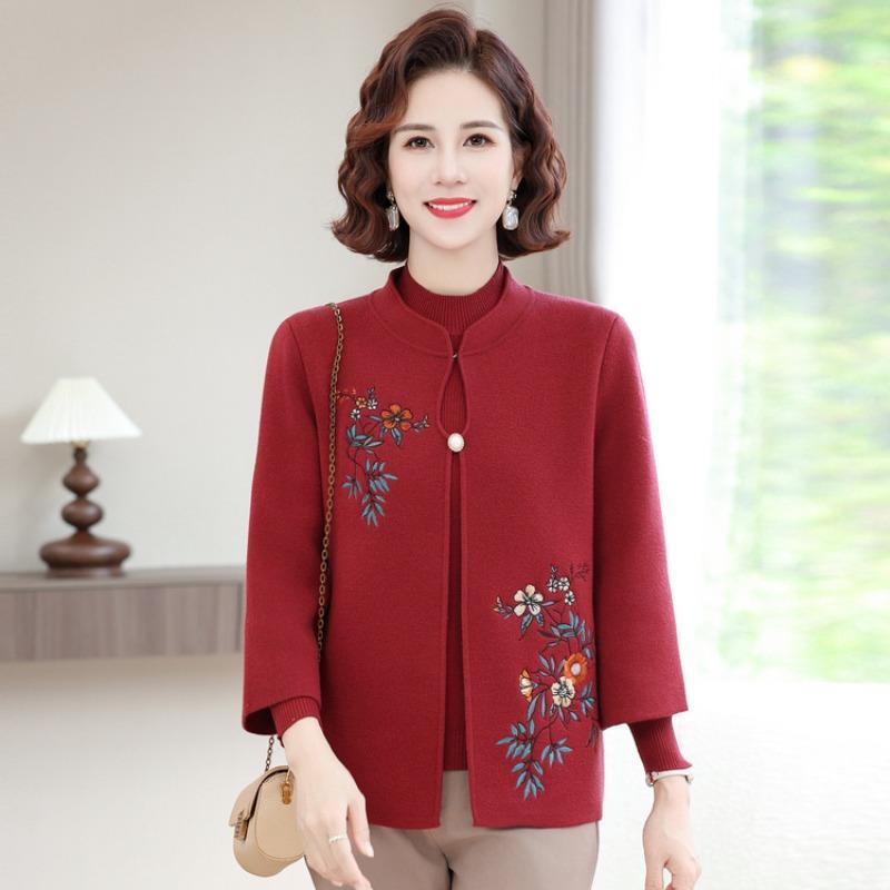 Middle-aged Elderly Autumn Women's Two-piece Suit Mother-in-law Grandmother Sweater Cardigan Old Lady Spring and Autumn Embroidered Coat