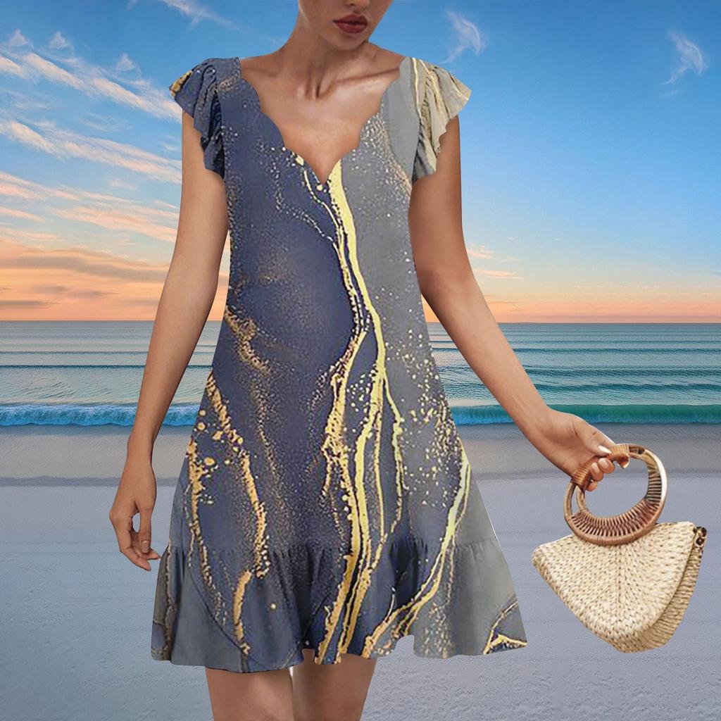 Women's Fashion Casual V Neck Wavy Edge Texture Print Short Sleeve Dress