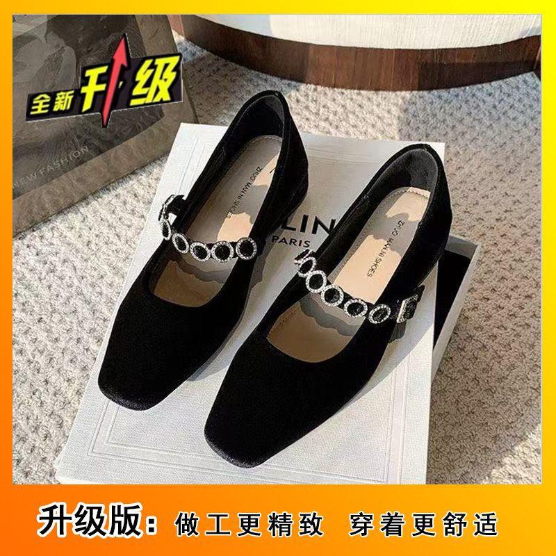 Retro Square Head with Rhinestone Shoes Thick Middle Heel Suede Mary Jane Shoes 2025 Heightened Autumn and Winter New Models