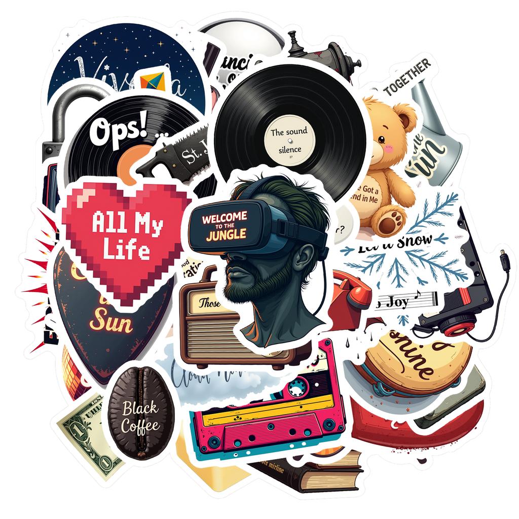 35-70pcs Retro Music Stickers Groovy Decor Diy Skateboard Luggage Guitar Laptop Car Waterproof Graffiti Decals
