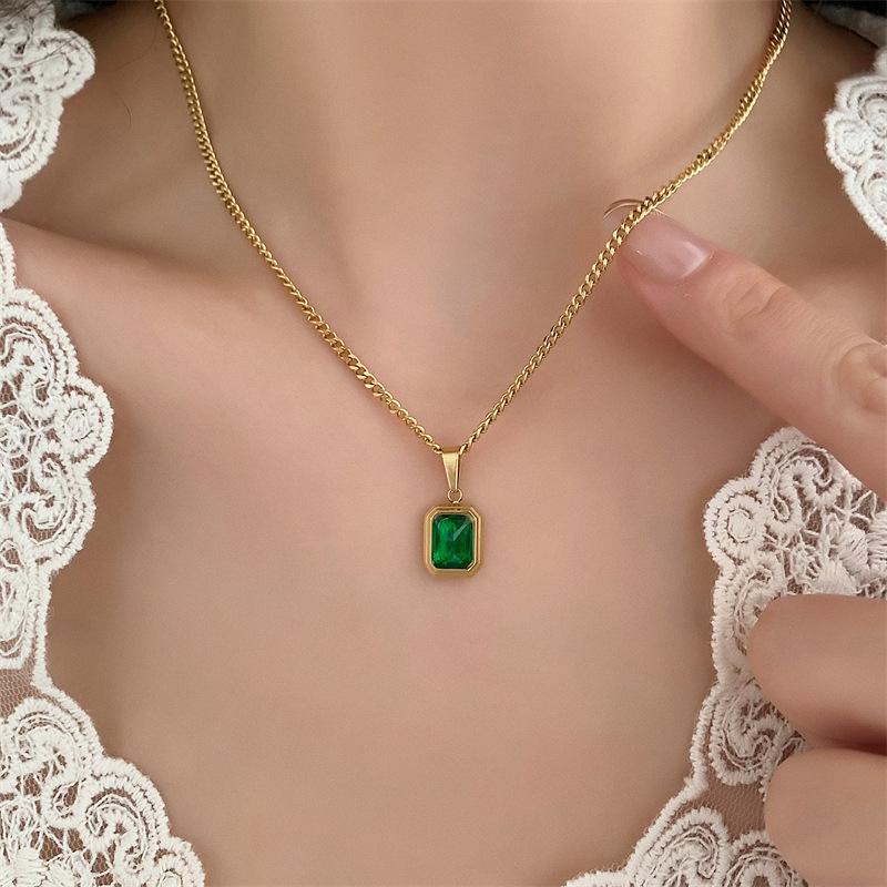 Blue-Green Champagne Gemstone 18K Plated Titanium Steel Retro Necklace - Trendy European American Style for Women and Couples.
