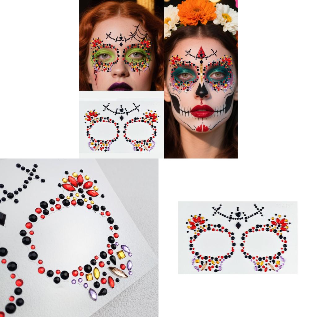 Skull Face Diamond Sticker With Colorful Flowers For Party Makeup And Stage Decor