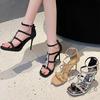 2025 Summer New French Fairy Style Sandals Female Open-toed Rhinestone One-word Buckle Strap Thick Heel Temperament High Heels Female