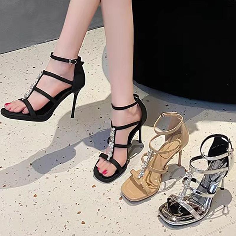 2025 Summer New French Fairy Style Sandals Female Open-toed Rhinestone One-word Buckle Strap Thick Heel Temperament High Heels Female