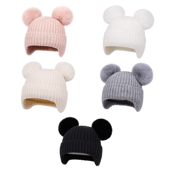Yousheng Kids Knitted Hat Dual Fur Ball Decor Ear Protection Warm Hat Solid Color Elastic Warm Windproof Hat Headwear