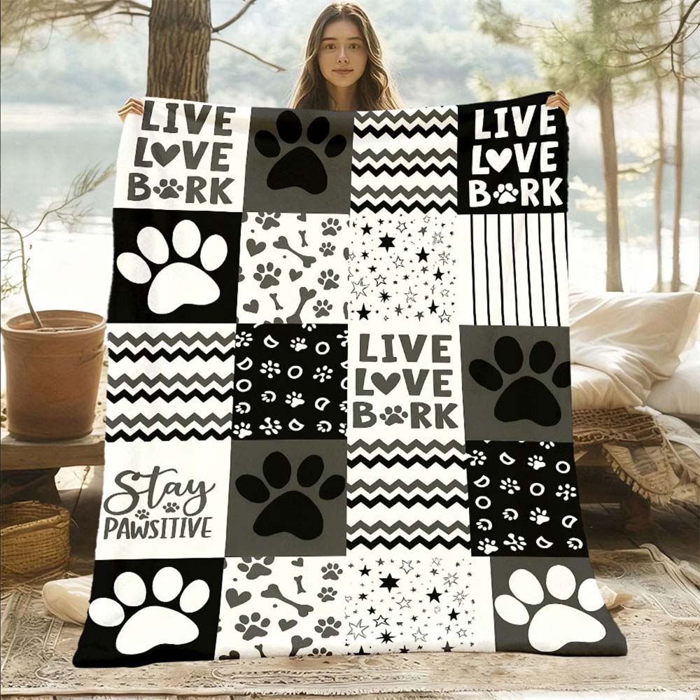 1Pc  Vintage Paw Print Patchwork Fleece Blanket Live Love Bark Stay Pawsitive Dog Lover Throw Blanket For Home Couch Bed