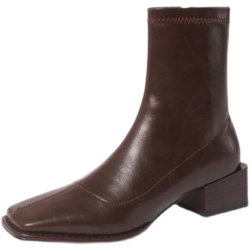 Short boots women's square head medium heel elastic 2025 winter thick heel short tube Internet celebrity thin boots brown spring and autumn singl
