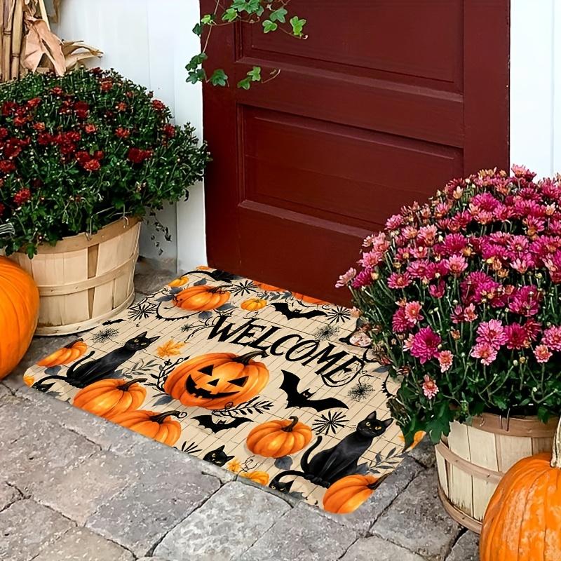 Halloween-Themed Door Mat with Pumpkin & Black Cat Design - Washable Polyester, Perfect for Entryway, Living Room