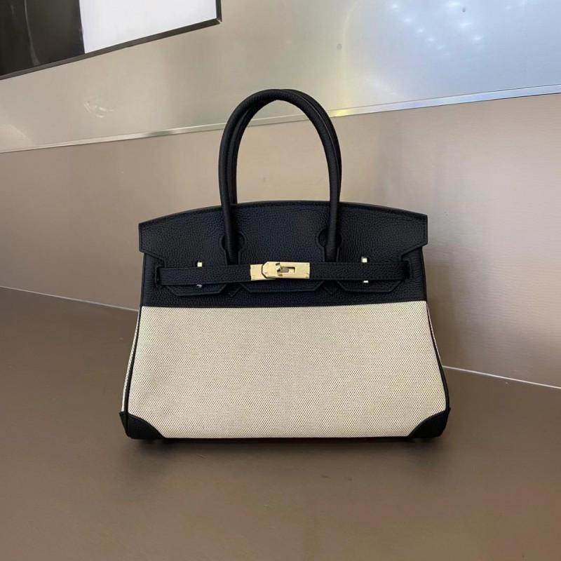 2024 35cm Top Layer Togo Leather Cowhide With Linen Canvas Platinum Bag Genuine Handbag Cross-body
