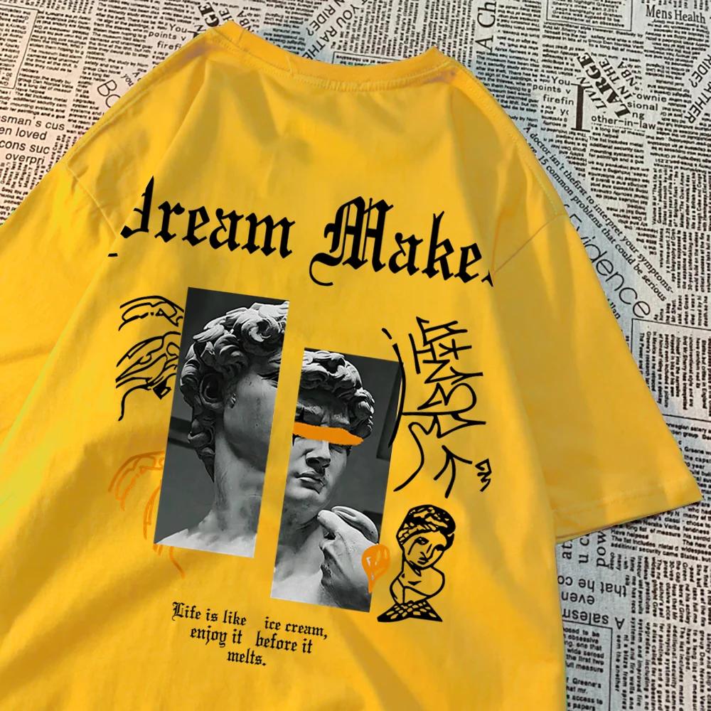 Dream Maker Brave Sculpture Pattern Clothing Men Vintage Cotton Streetwear Couple O-Neck T-Shirts Solid Color Summer Tops