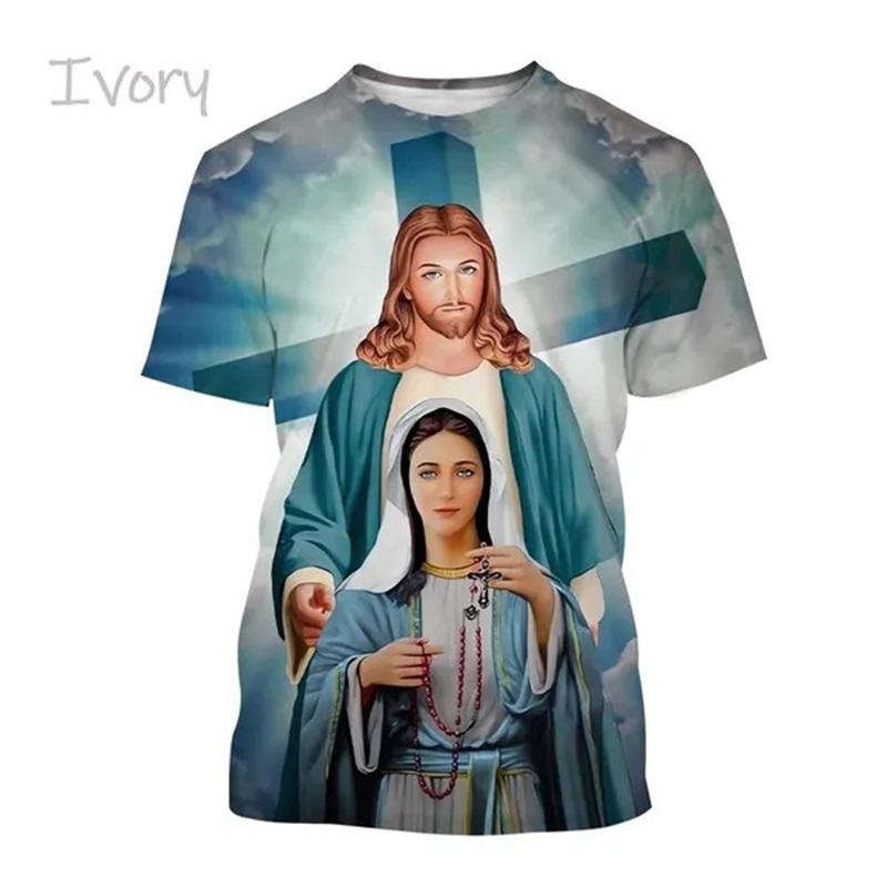 Christliches T-Shirt mit der Jungfrau Maria und der Mutter Gottes für Männer, Jesus liebt, lässiges Rundhals-T-Shirt, kurzärmelig, übergroßes Herren-T-Shirt